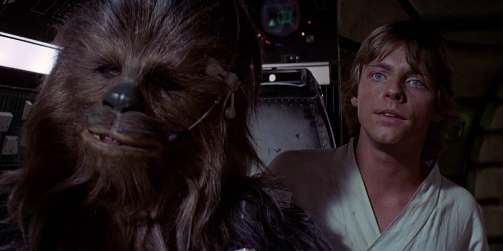 Luke and Chewie in the Falcon flying towards the Death Star in A New Hope