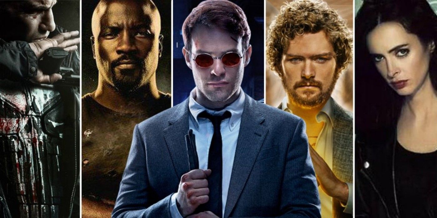 Marvel Netflix collage of Daredevil Punisher Luke Cage Iron Fist Jessica Jones