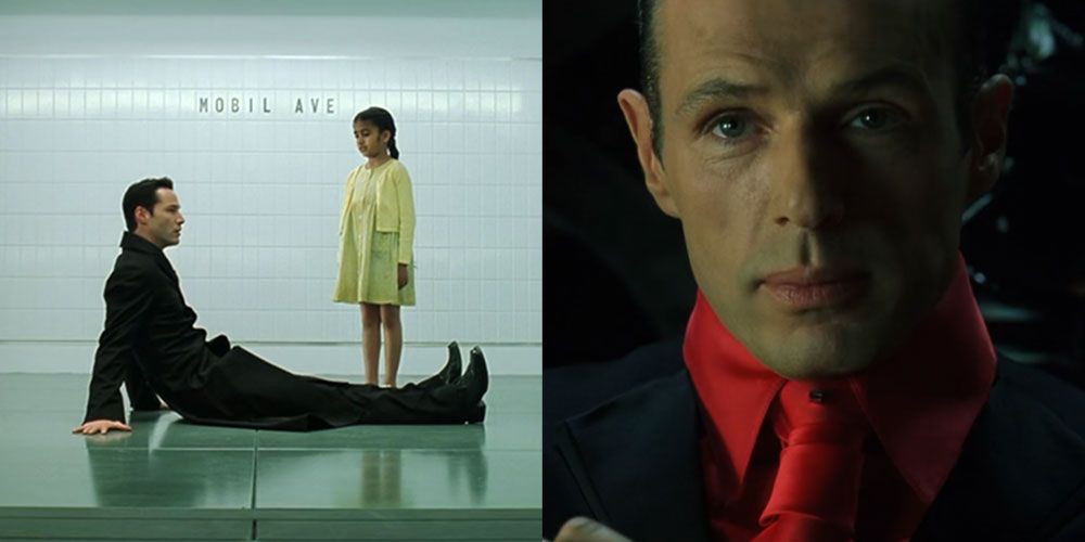 Split image of Neo trapped in a subway, and the Merovingian in The Matrix Revolutions
