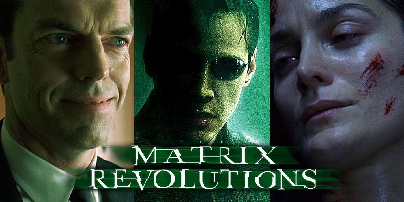 Split image of Smith, Neo and Trinity in The Matrix Revolutions