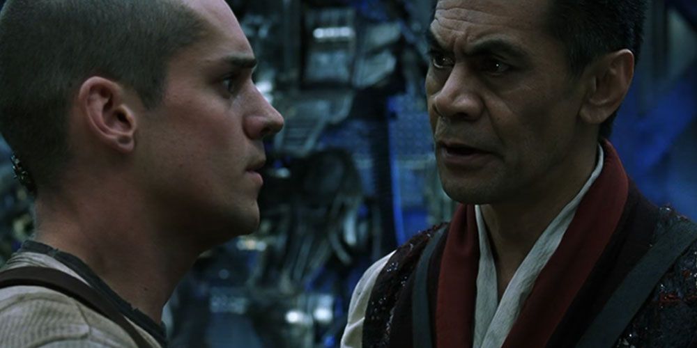 Mifune whips the Kid into shape before the battle with the machines in The Matrix Revolutions