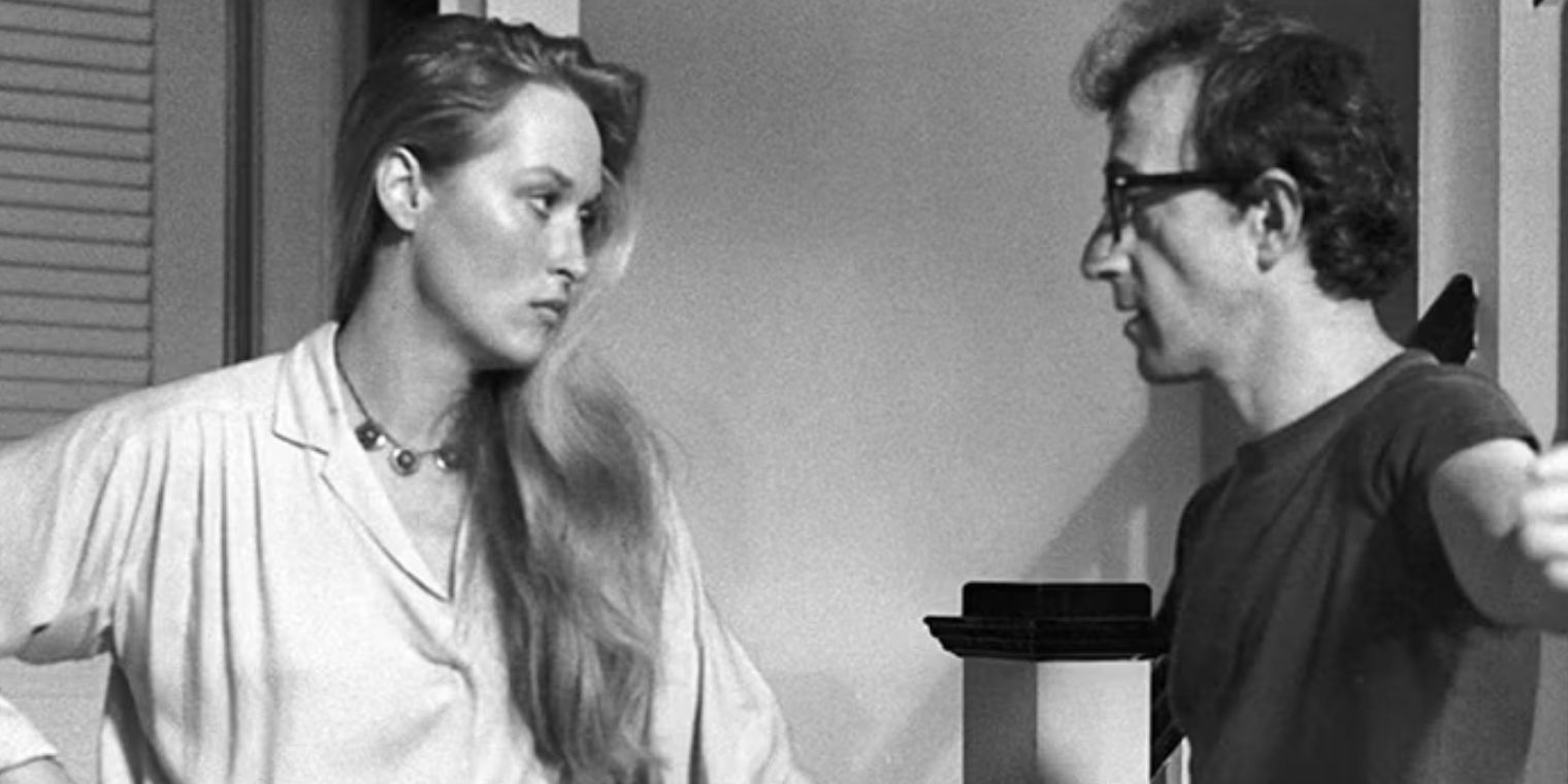 Meryl Streep and Woody Allen in black and white on the set of Manhattan