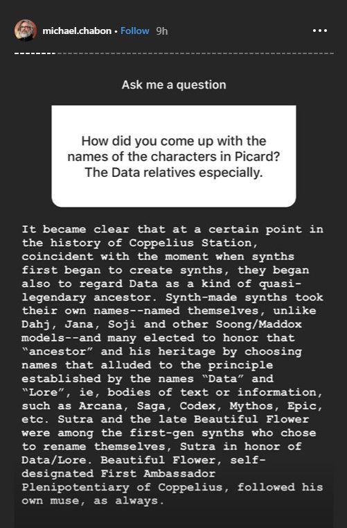 Michael Chabon Data Relative Name Answer Instagram Story