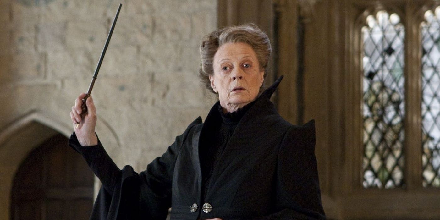 Minerva McGonagall raising her wand in Harry Potter