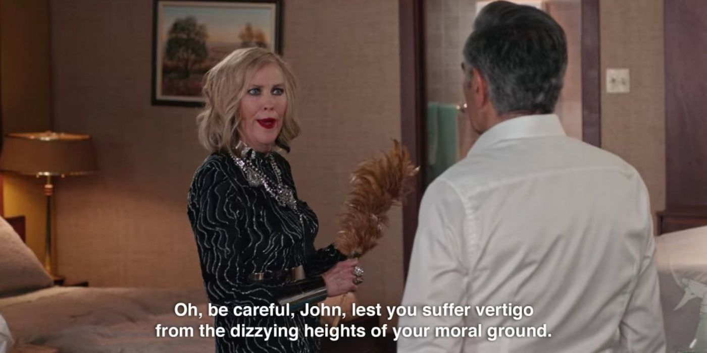 Moira Rose (Catherine O'Hara) warning John about his confidence in the motel room on Schitt's Creek