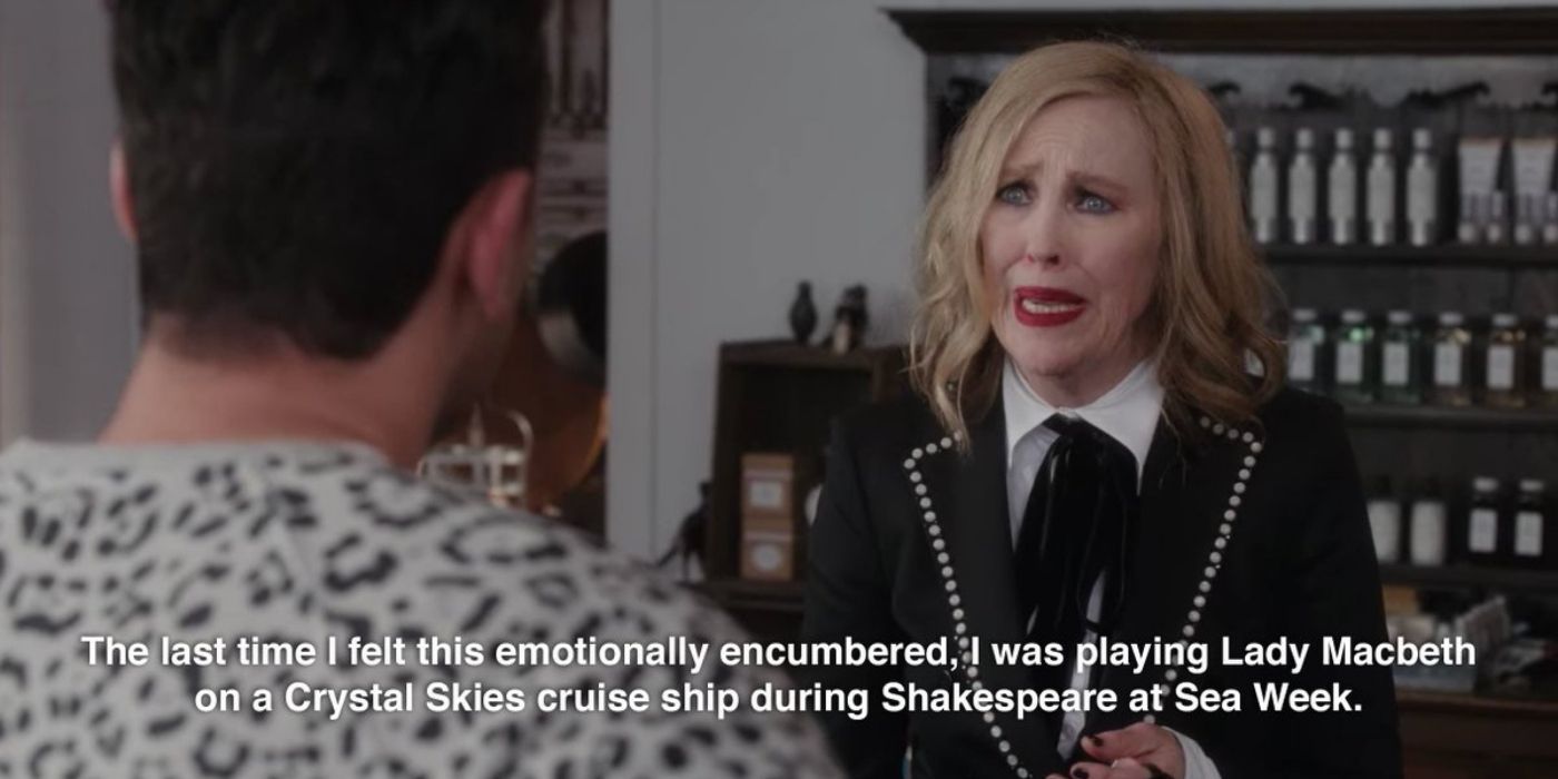 Moira (Catherine O'Hara) pleads with David and compares herself to Lady Macbeth on Schitt's Creek