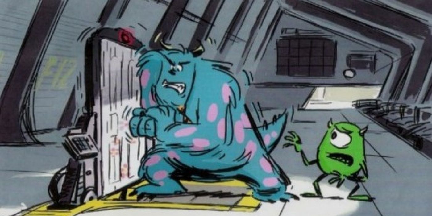 Monsters Inc 2 Concept Art de Sulley e Mike abrindo uma porta