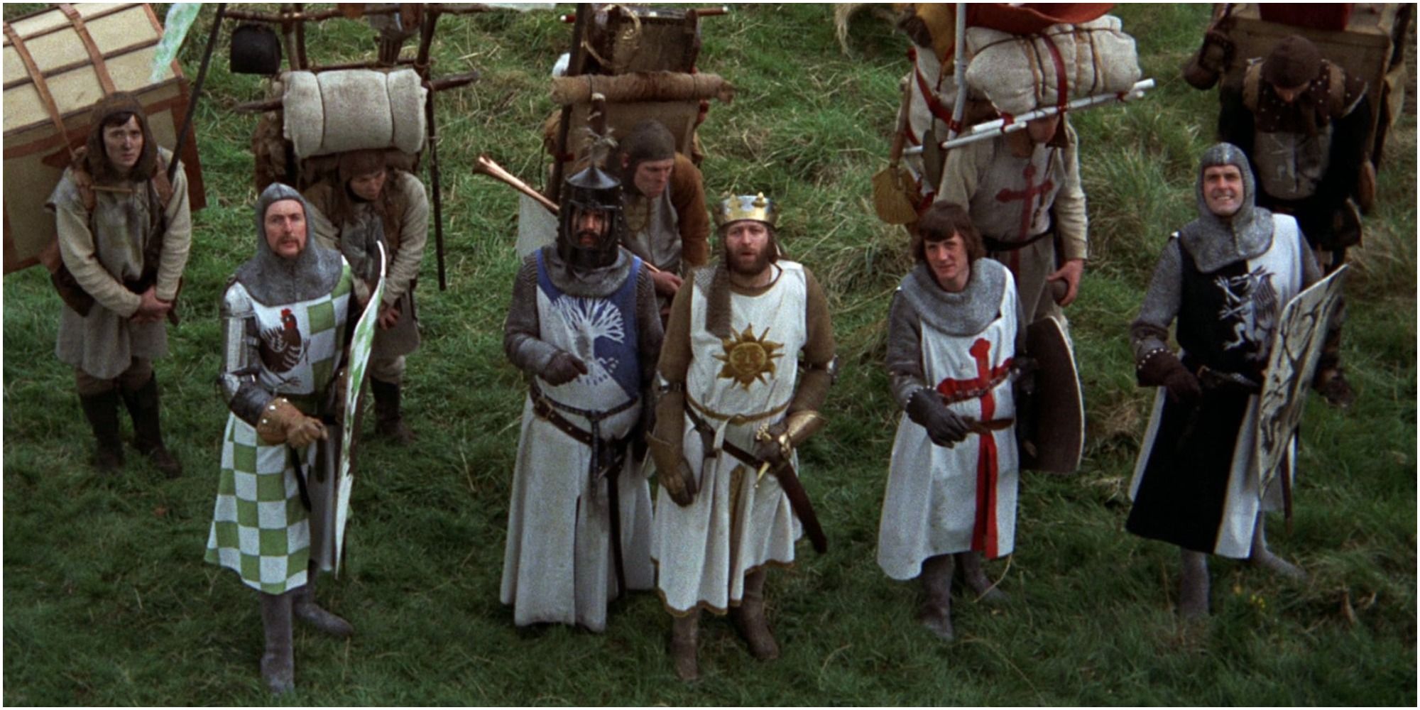 The knights look up at a castle in Monty Python and the Holy Grail