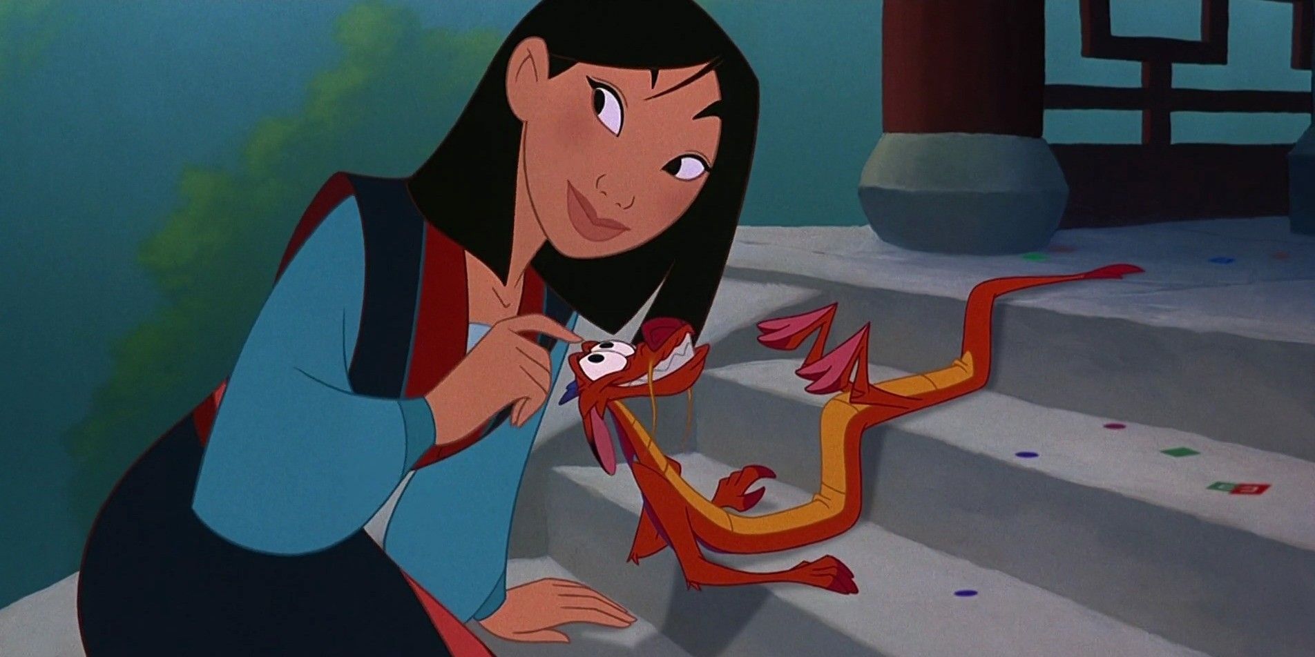 Mulan pets Mushu in Mulan