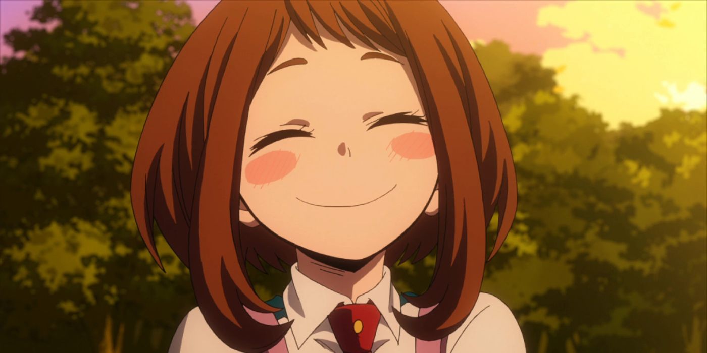 Ochaco Uraraka sorrindo em My Hero Academia