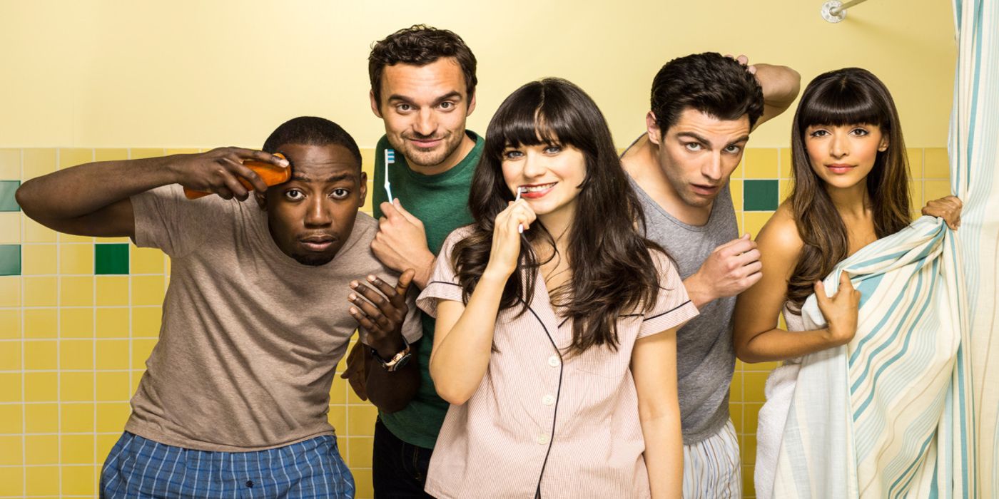 The New Girl cast getting ready in a bathroom photoshoot