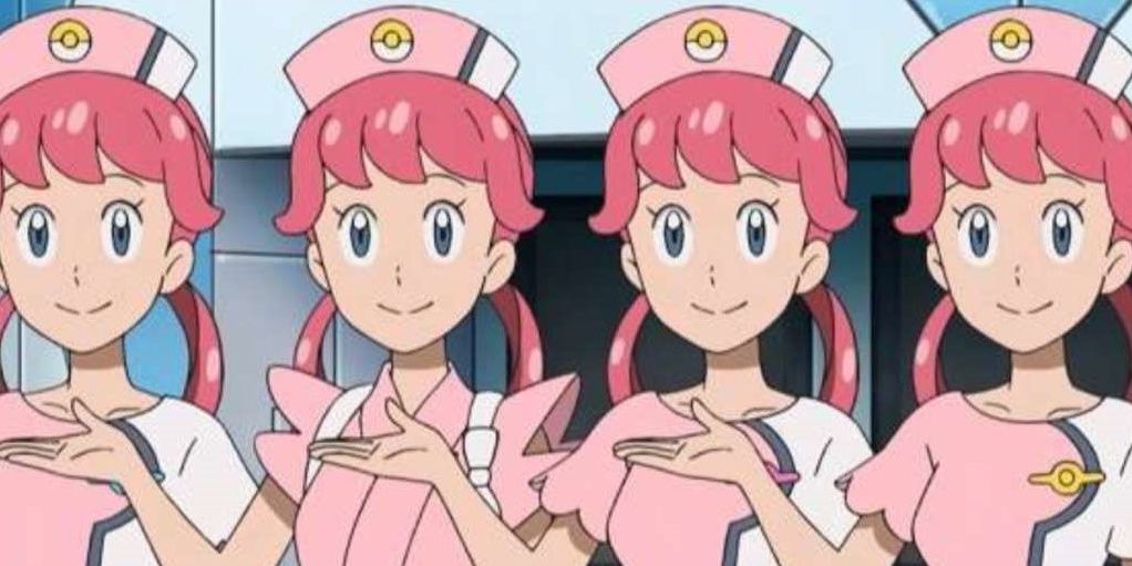 Four Nurse Joys from the Alola region welcome visitors to the Pokémon Center