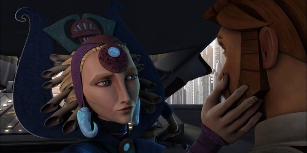 Obi-Wan and Satine say goodbye to one another on Coruscant in The Clone Wars