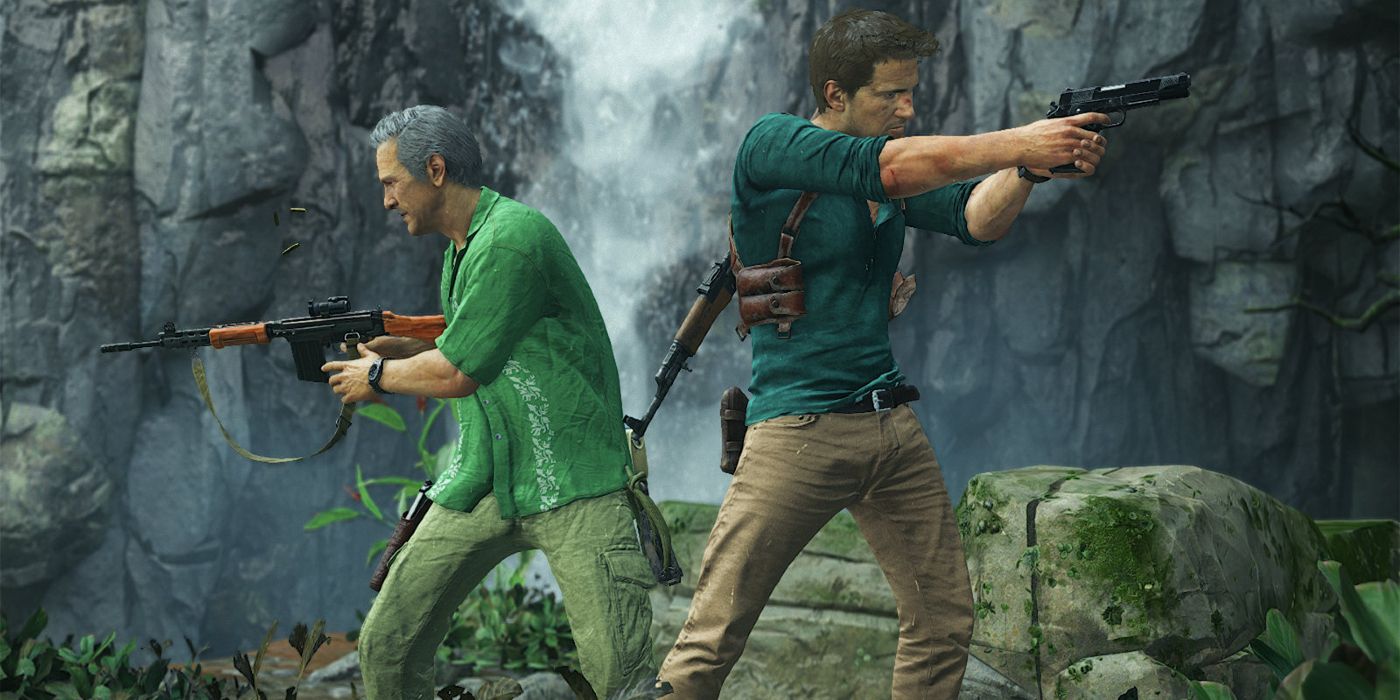 Nate and Sully point their guns at enemies in Uncharted: Drake's Fortune