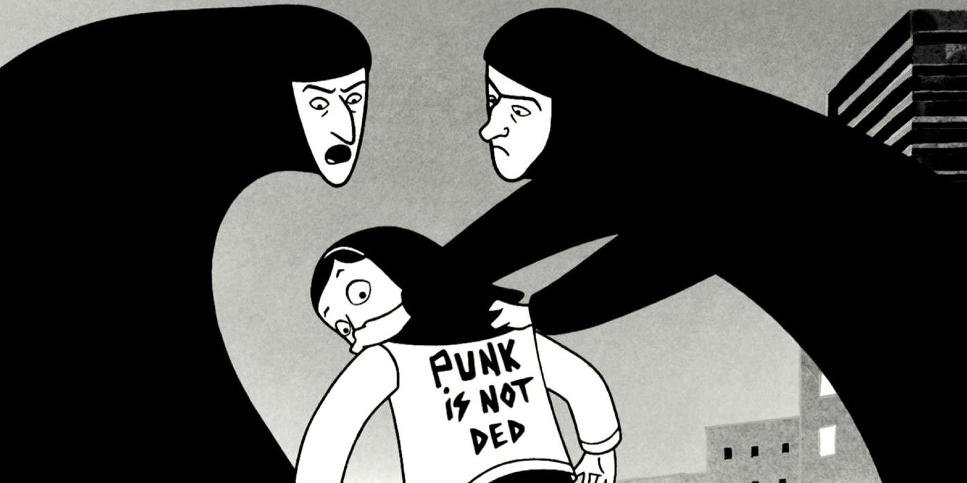 A scene from Persepolis with women in hijab.