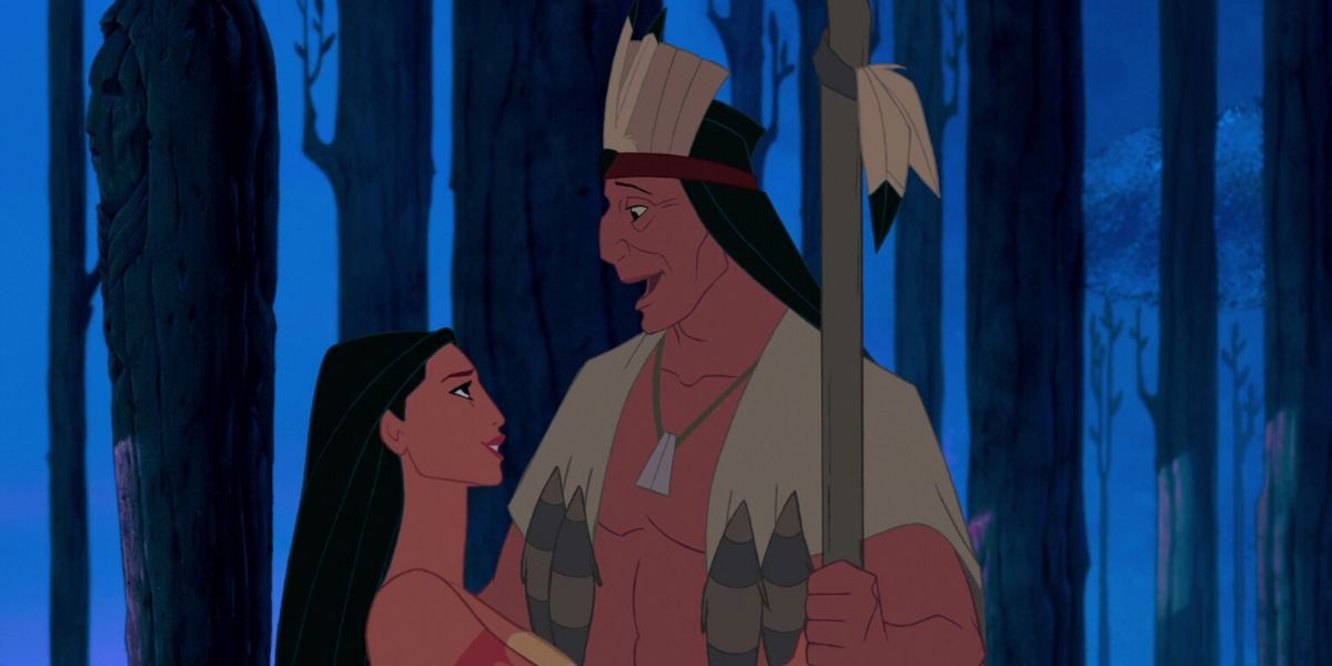 Pocahontas and her dad greeting happily