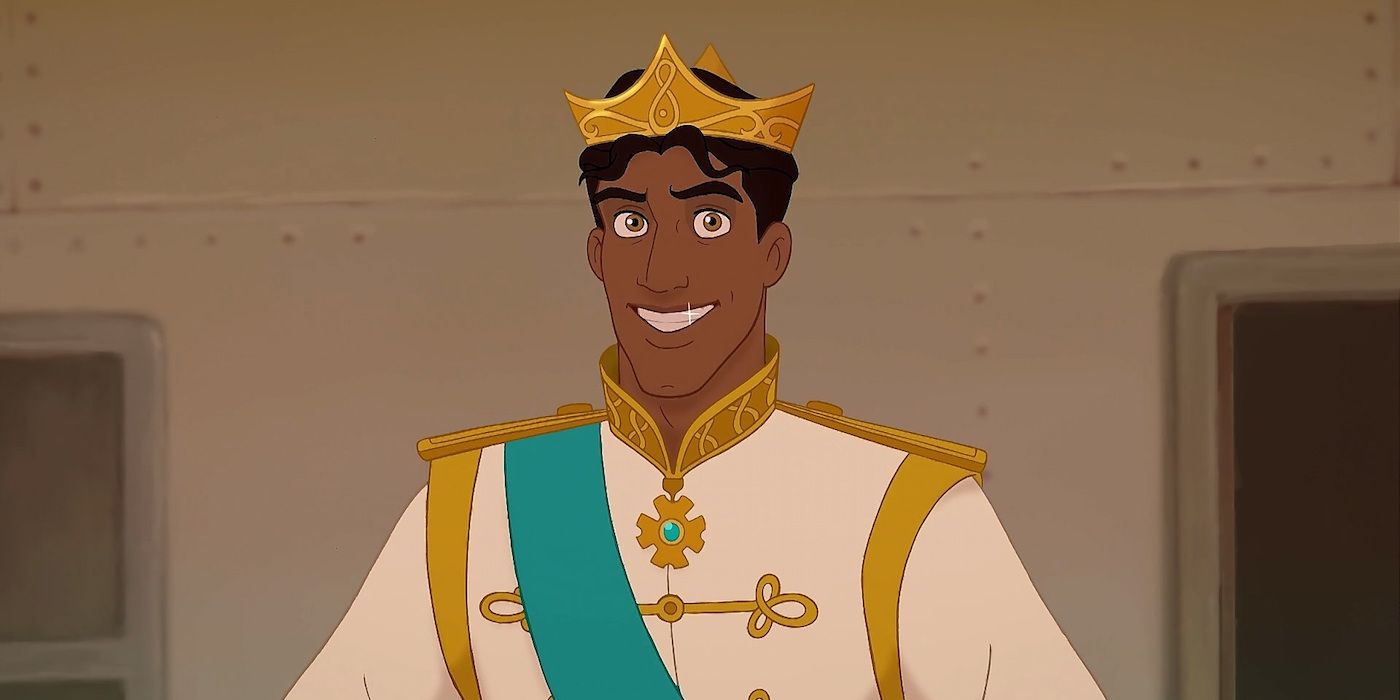 Naveen smiling while wearing his crown in The Princess and the Frog.