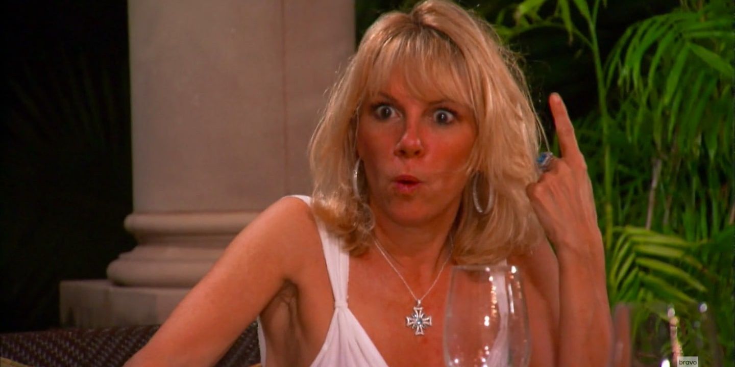 Ramona arguing at the dinner table on 'Scary Island' on Rhony