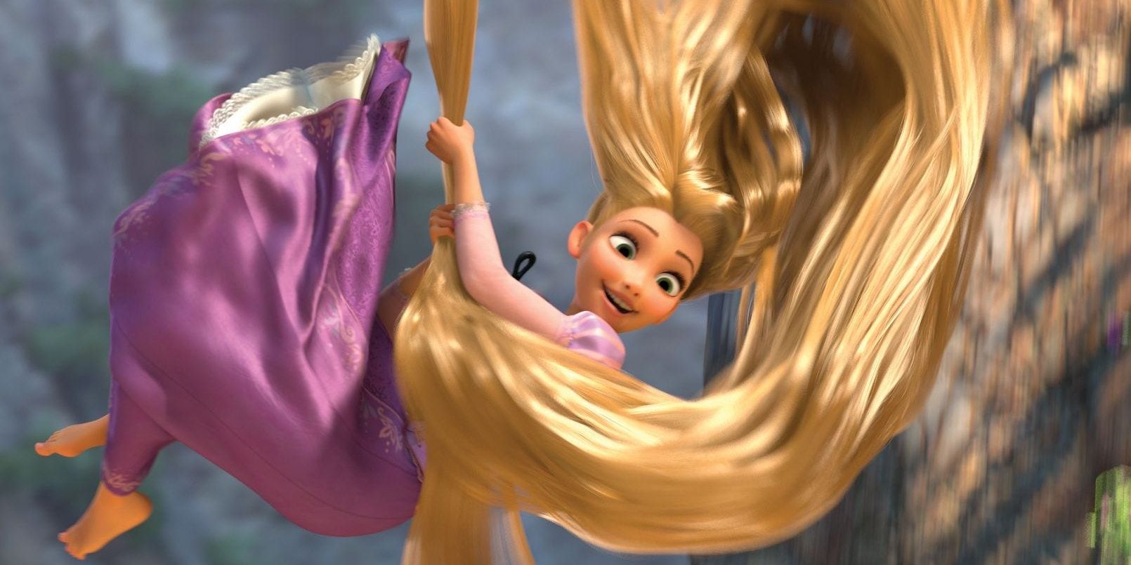 Rapunzel swinging by her hair in Tangled