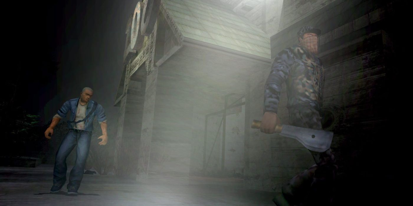The player sneaks up behind an enemy holding a meat cleaver in Manhunt