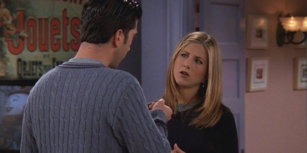 Rachel looking at Ross with a confused expression in Friends.
