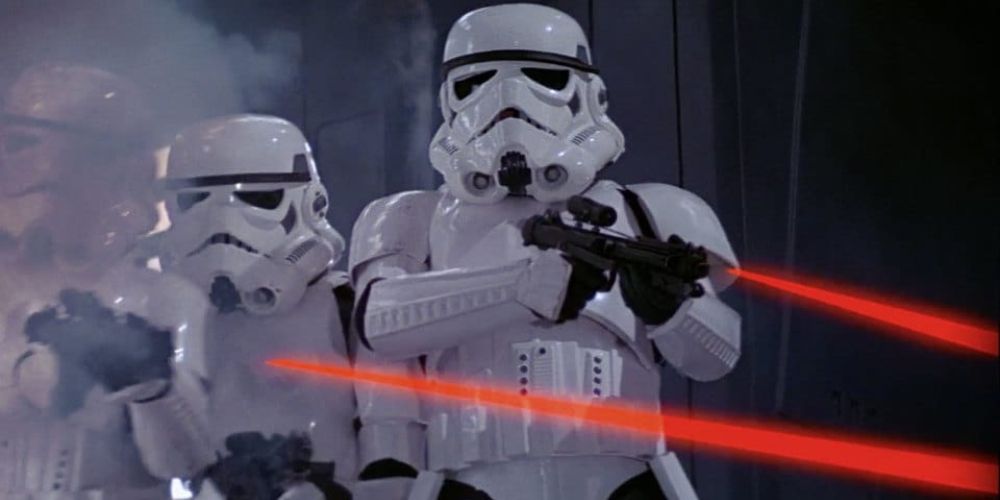 Stormtroopers scramble to shoot and kill Luke and Leia on the Death Star in A New Hope