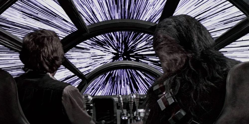 Han Solo and Chewbacca fly the Millennium Falcon through hyperspace