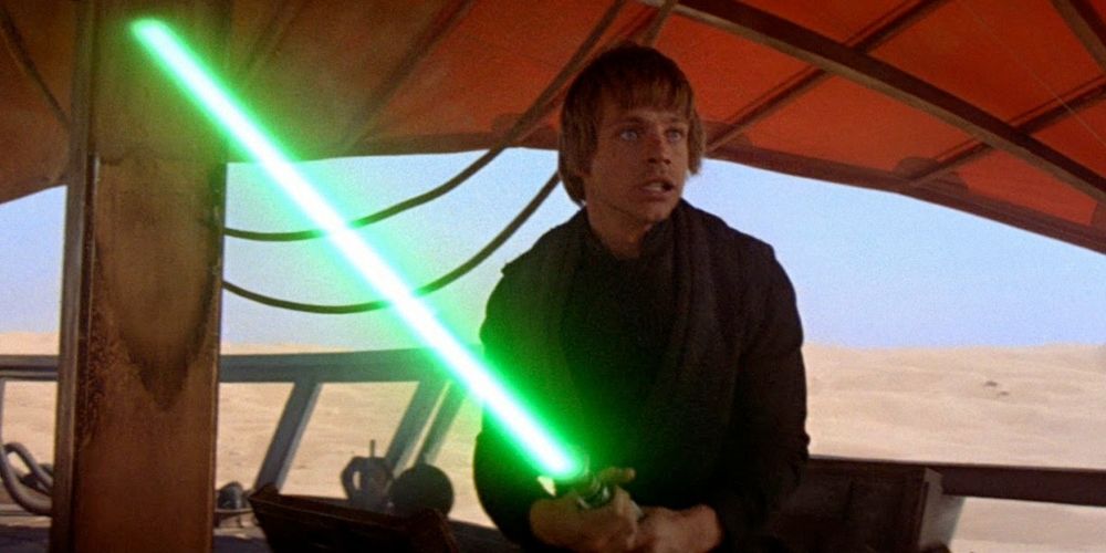 Luke Skywalker fights Jabba the Hutt's goons on Jabba's barge In Return of the Jedi