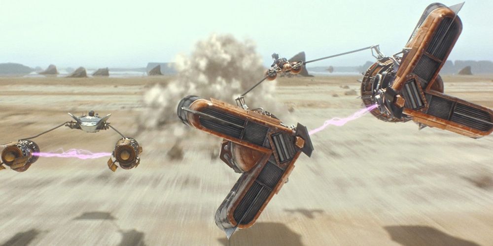 Anakin and Sebulba fight head to head for first place in the Boonta Eve Classic podrace in The Phantom MEnace