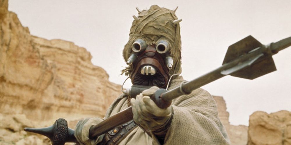 Luke Skywalker is ambushed and attacked by a Tusken Raider on Tatooine in A New Hope