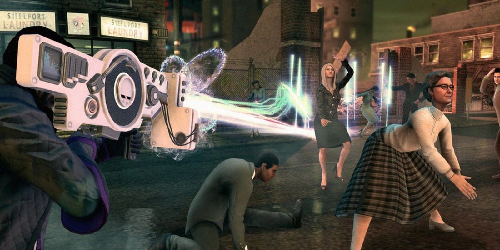 A photo of the Dubstep Gun forcing people to dance in a crowded street in Saints Row IV.