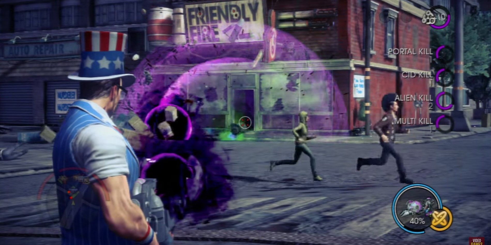The president dressed as uncle same shoots a dubstep gun at enemies in Saints Row IV