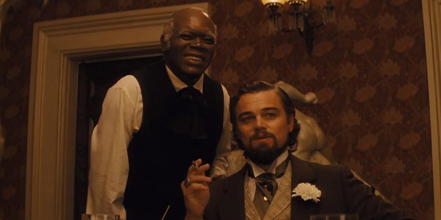 Sam Jackson and Leonard DiCaprio look on in Django Unchained 
