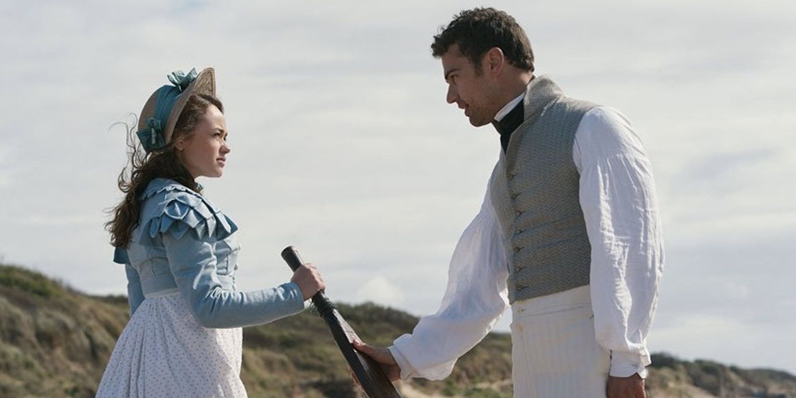 Rose Williams and Theo James on a hill in Sanditon
