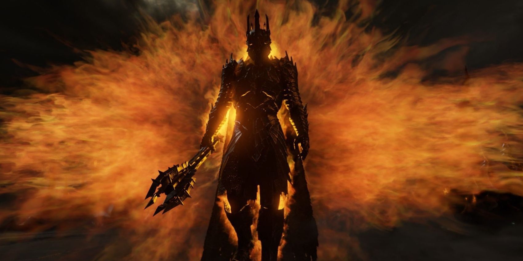 Sauron Necromante diante de um olho de fogo em O Senhor dos Anéis