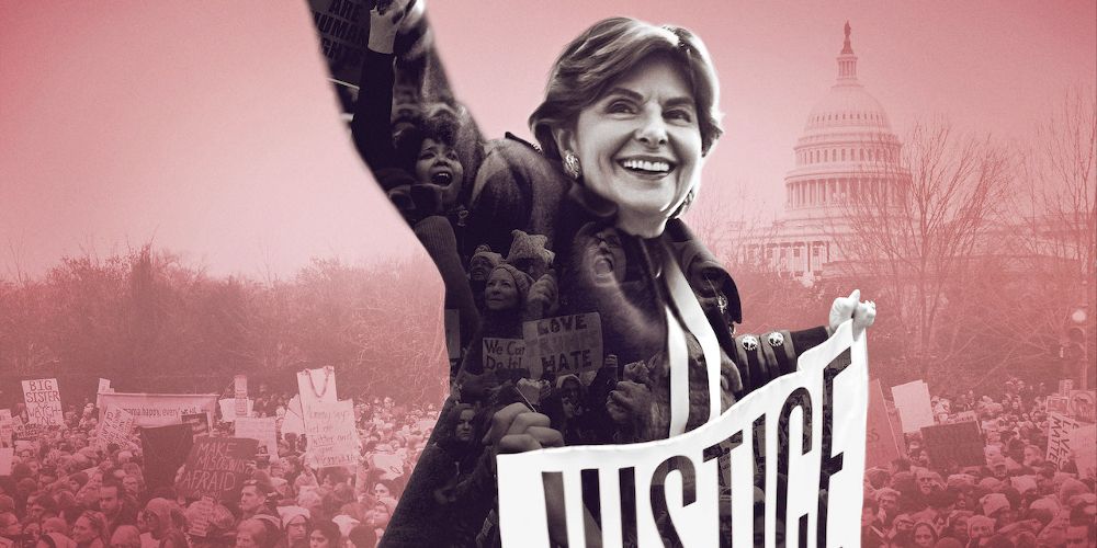 Gloria Allred in Seeing Allred standing in front of large crowd of protesters.