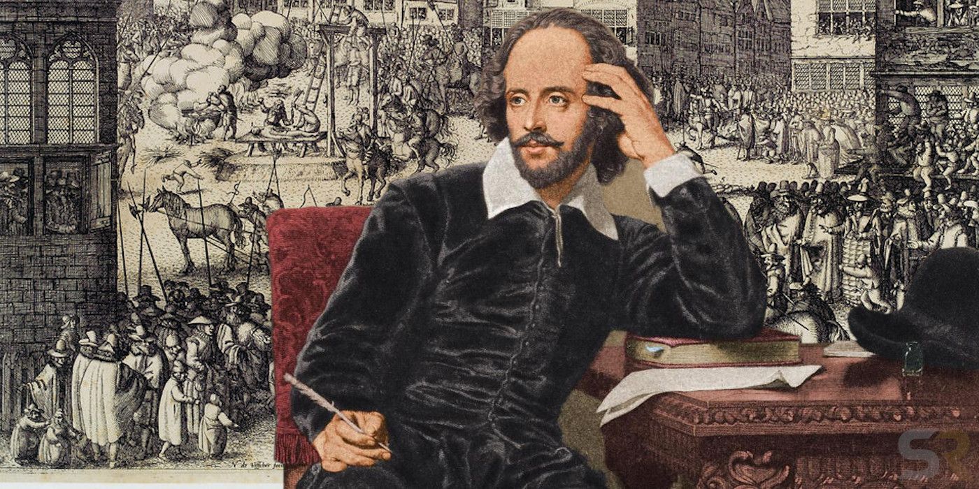 An image of Shakespeare sitting at a table in his study