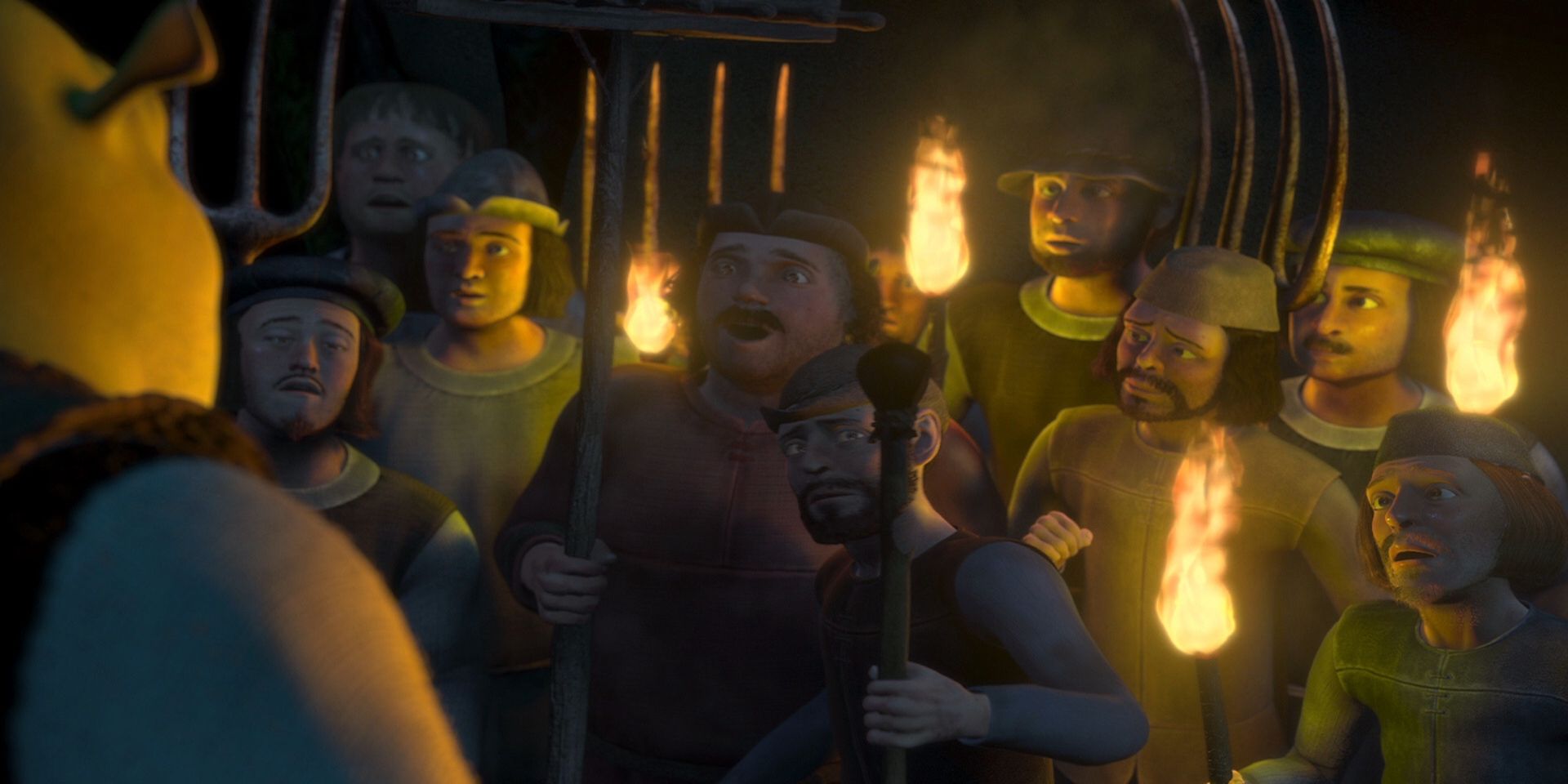 Um grupo de aldeões forcados no filme Shrek original.