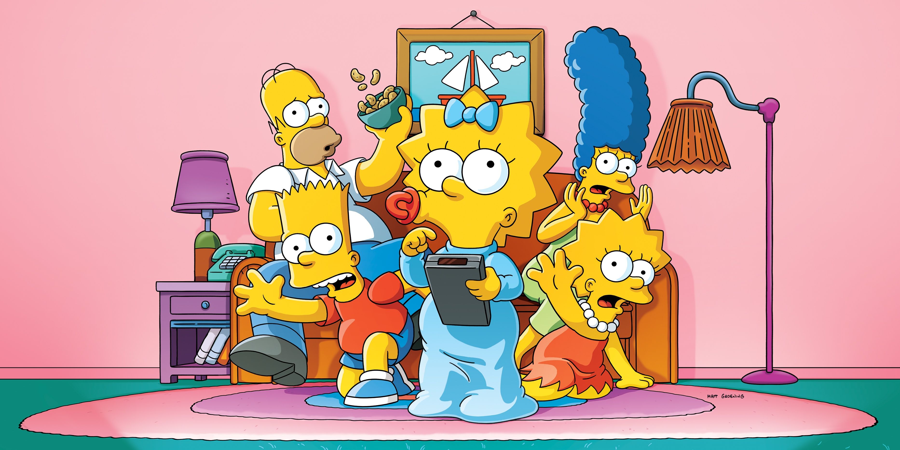 The Simpsons family in the living room from the animated series