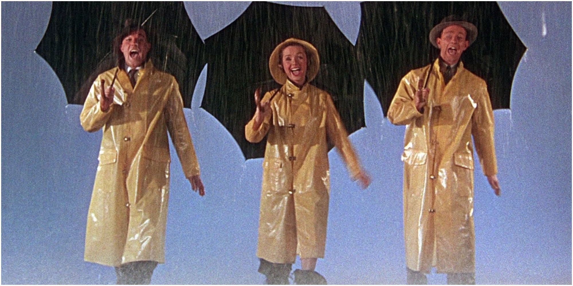 Three characters wearing raincoats in Singin in the Rain
