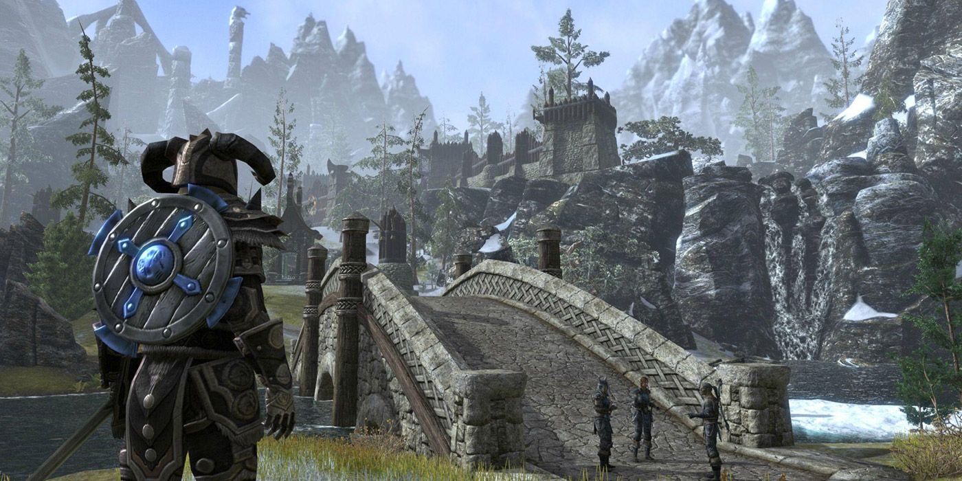 A warrior looks over a bridge in Elder Scrolls Online