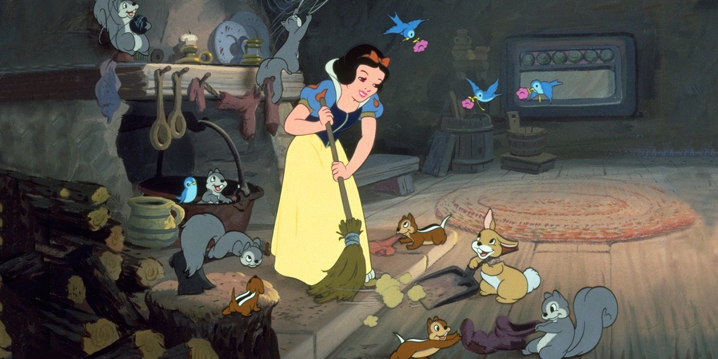Snow White and woodland animals clean the house in Snow White