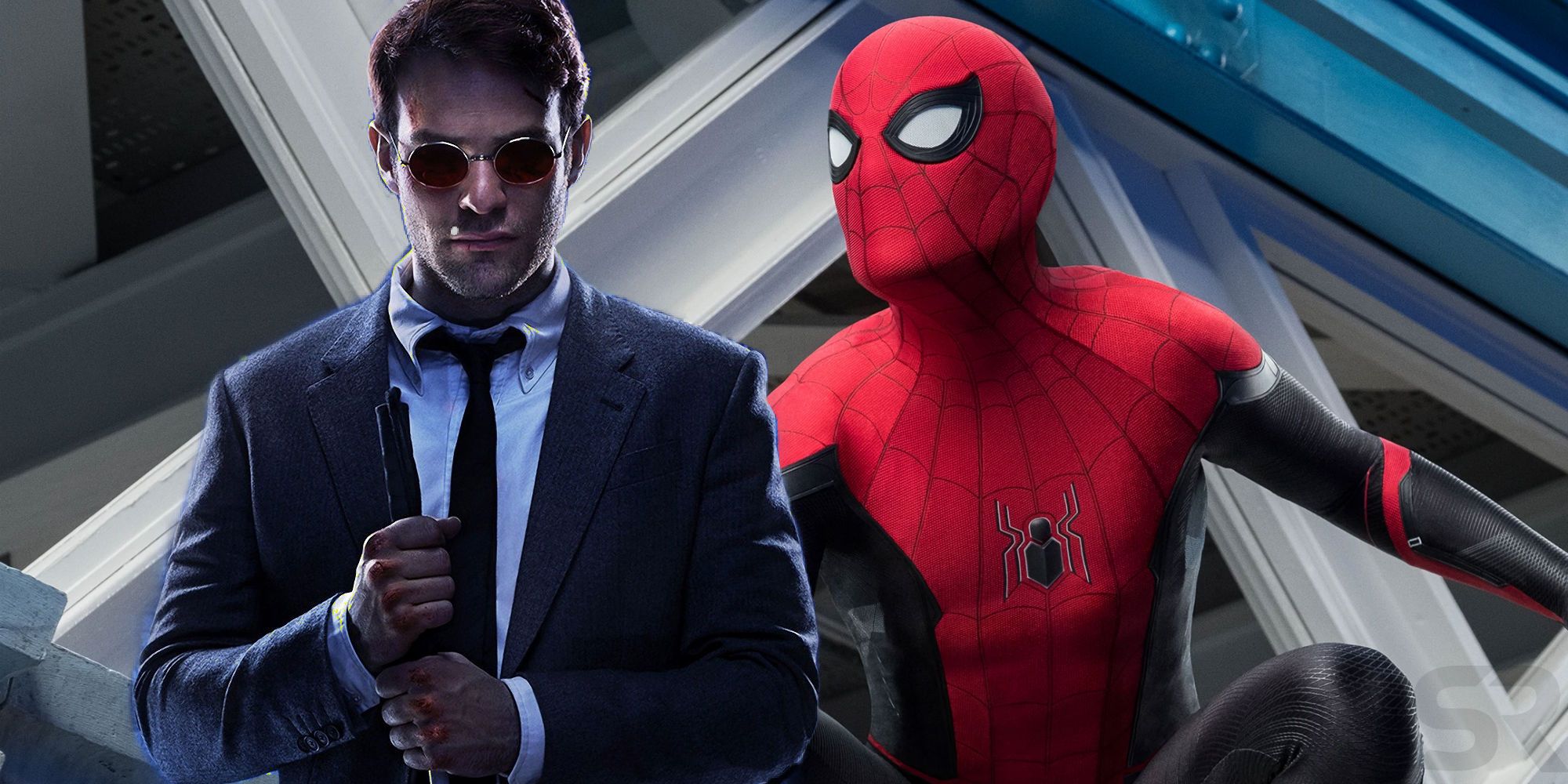 Blended image of Matt Murdock from Daredevil Netflix series and Spider-Man from MCU.