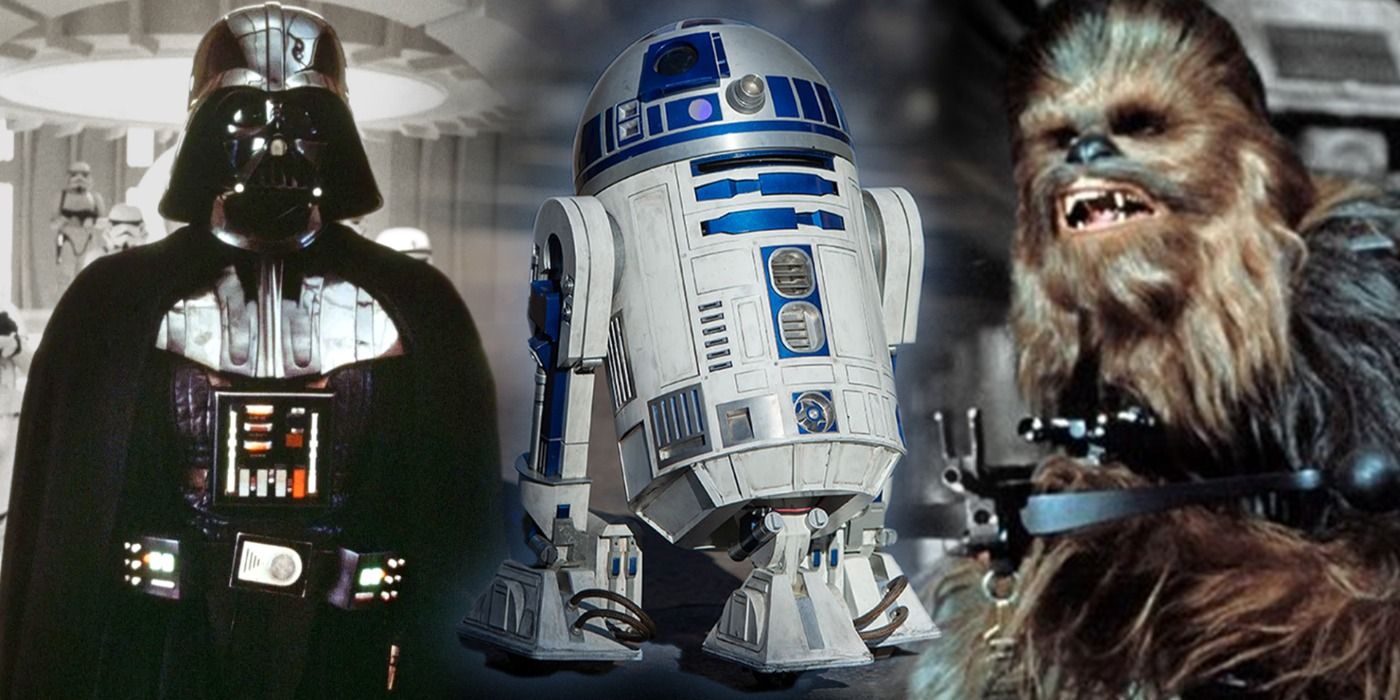Split image of Darth Vader, R2-D2, and Chewbacca from Star Wars