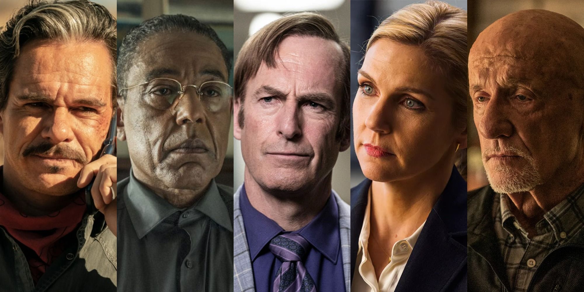 Split image of Lalo, Gus, Jimmy, Kim and Mike in Better Call Saul