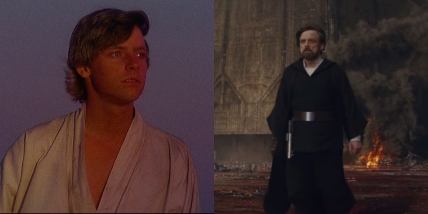 Split image of Luke Skywalker in Star Wars: A New Hope and The Last Jedi