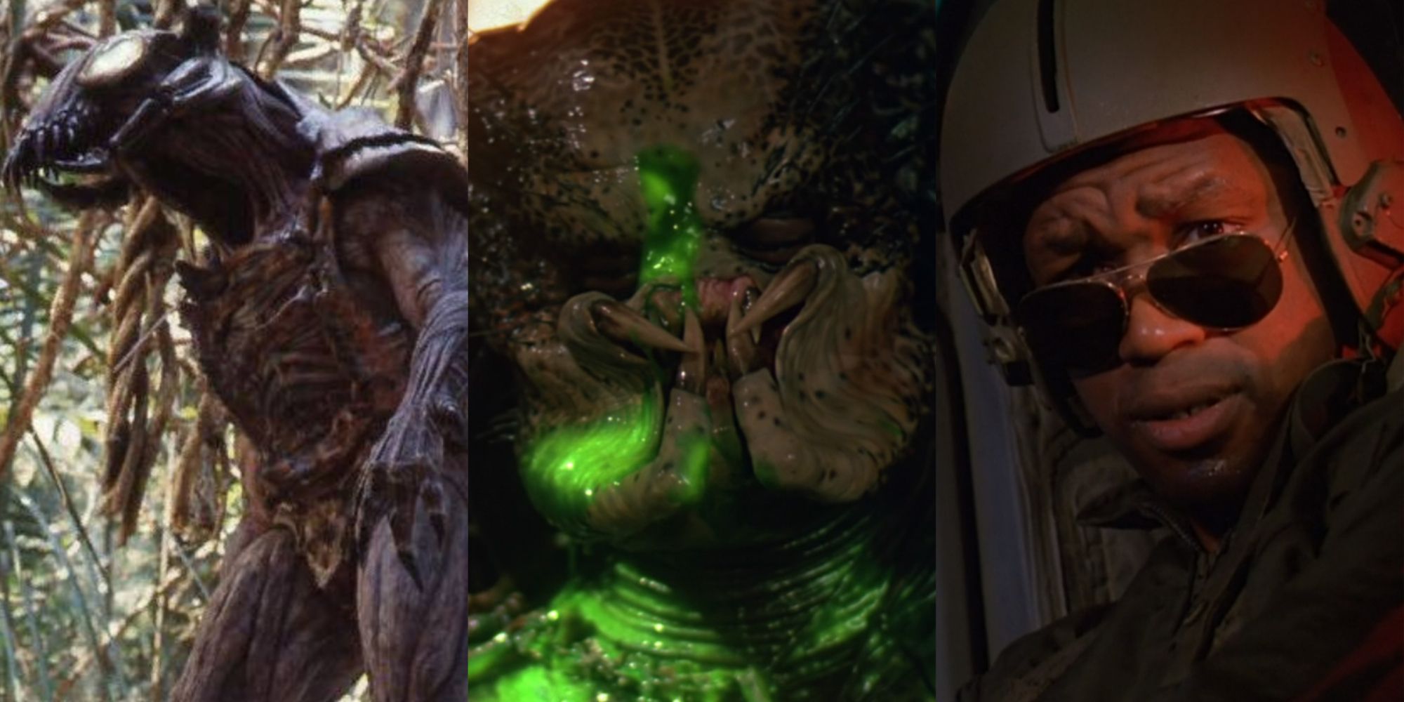 Split image of the unused Predator suit, the dying Yautja hunter, and the helicopter pilot from Predator (1987)