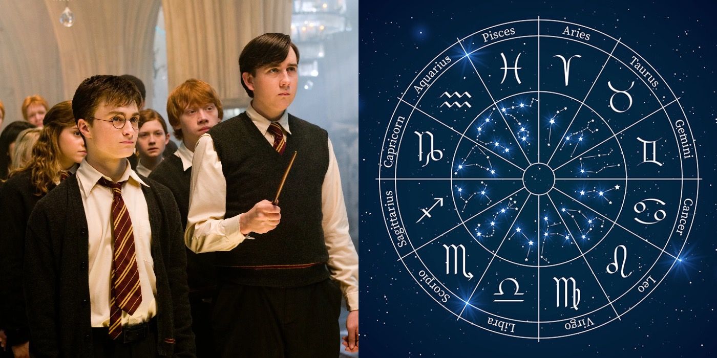 Split image showing Dumbledores Army in Harry Potter and the Zodiac wheel