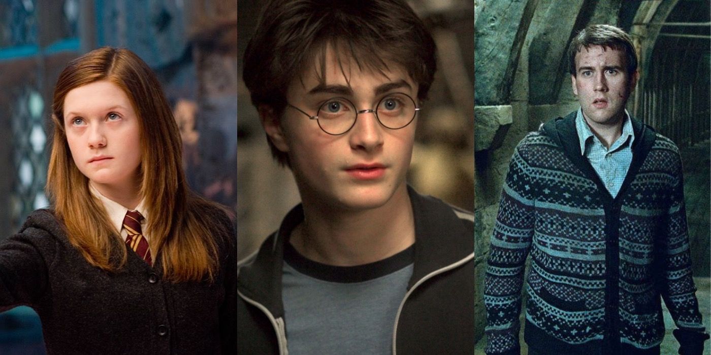 Split image showing Ginny, Harry, and Neville in Harry Potter