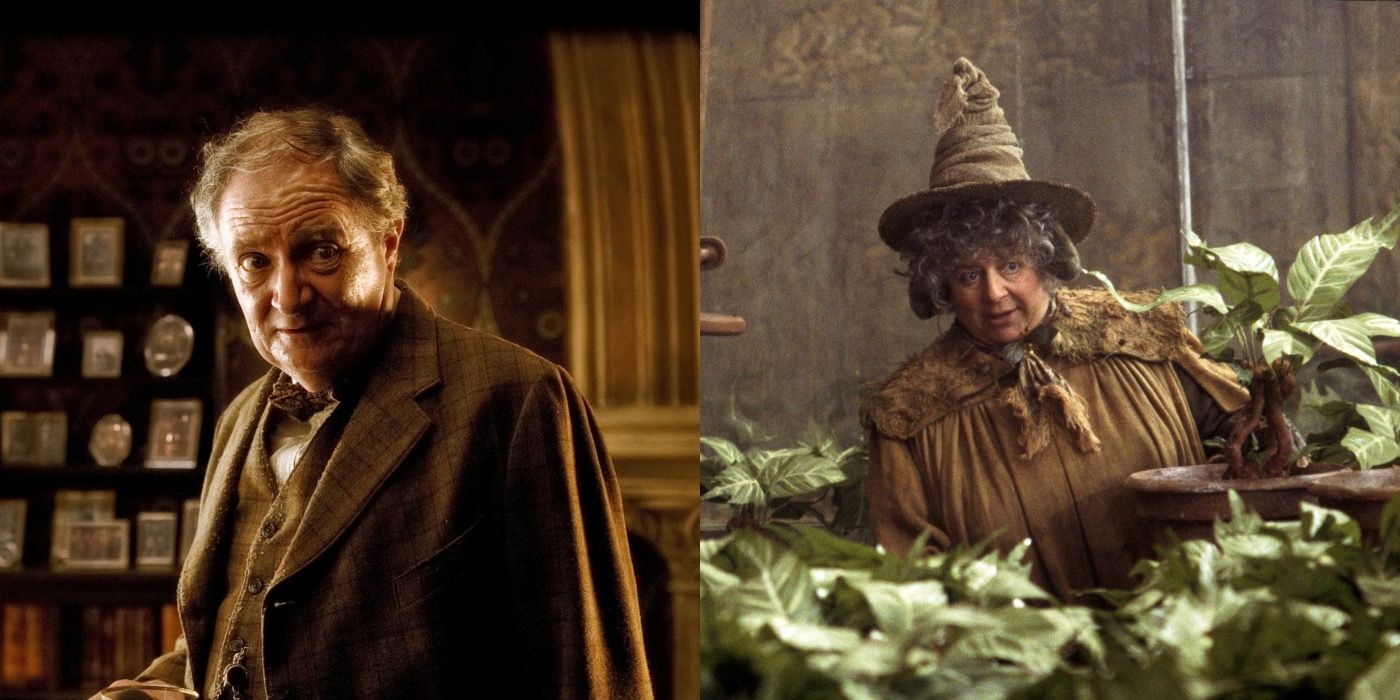Split image showing Professors Slughorn and Sprout in Harry Potter